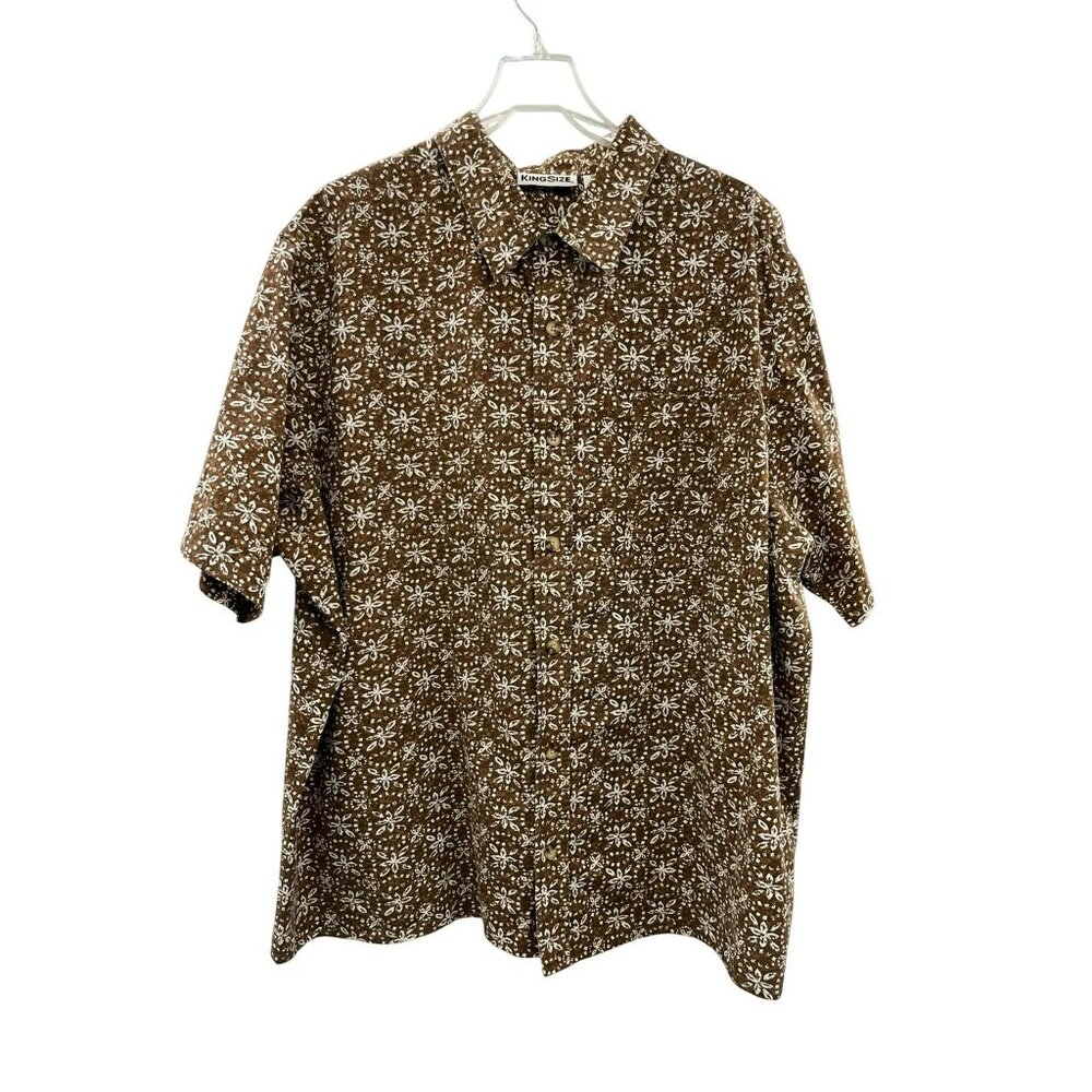 King Size Camp Shirt Mens 2XL Brown Print Short Sleeve